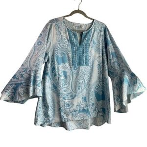 Susan Graver 18W Tunic Top Blue White Paisley Bell Sleeves Stretch Embroidered